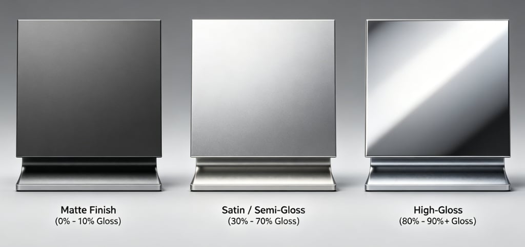Comparison of matte, satin semi-gloss, and high-gloss paint finishes on metal surfaces.