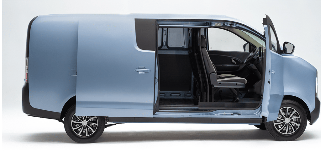 a blue van with a seat and a driver's seat