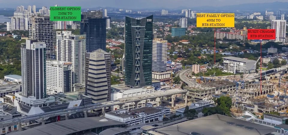 Aerial view of properties within 210m and 400m walking distance to RTS Bukit Chagar station in Johor Bahru