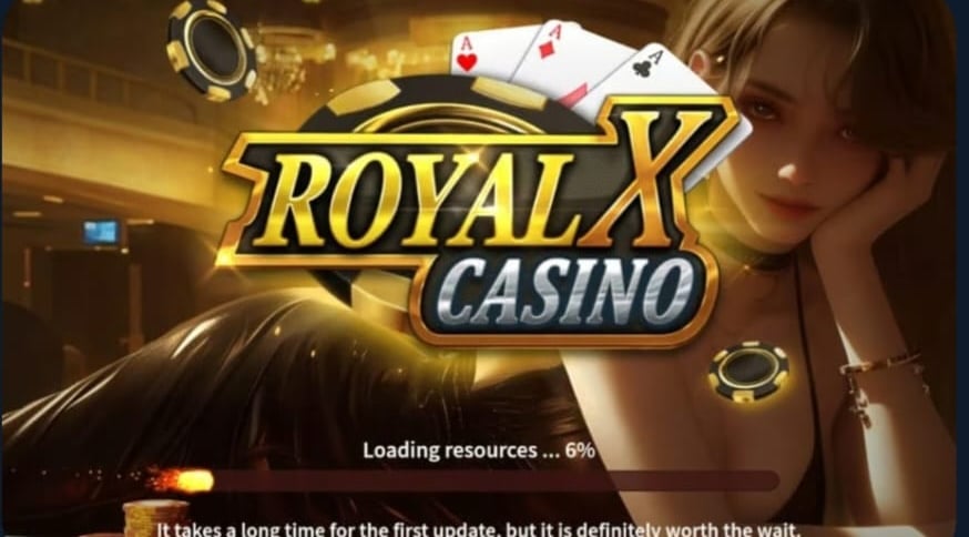 “Screenshot of Royal X Casino download page showing promotional banner and casino interface elements