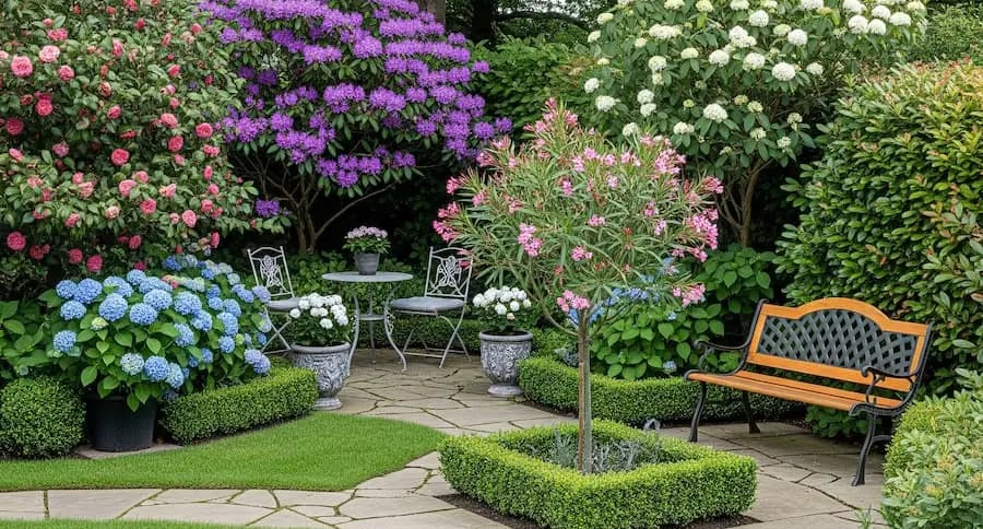 Jardín de estilo clásico con arbustos en flor