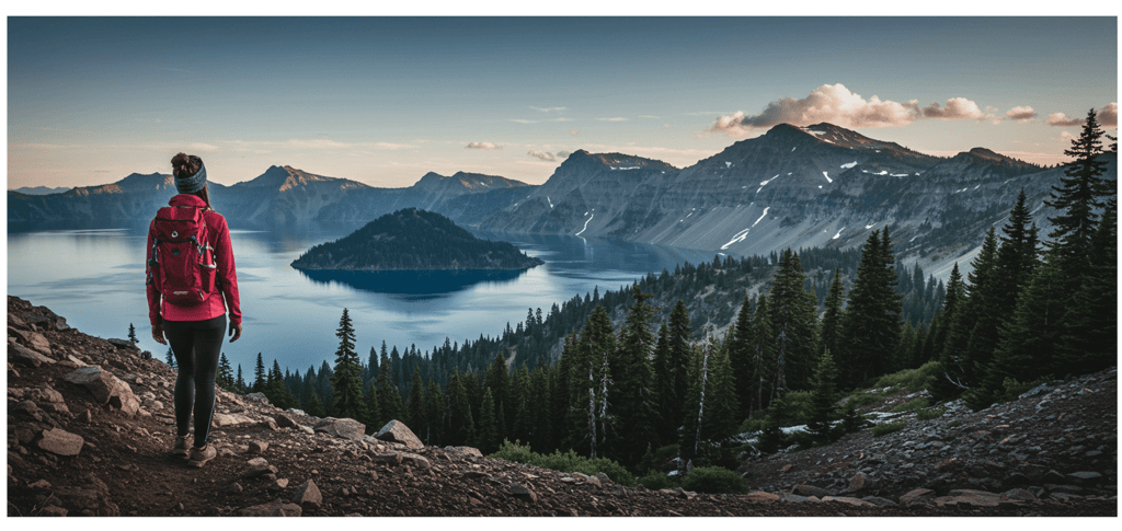 Women Traveler using versatile clothing during Crater Lake National Park travel