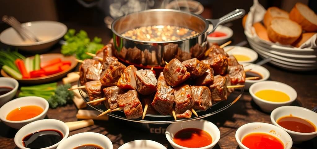 beef Fondue with fondue pot and sauces