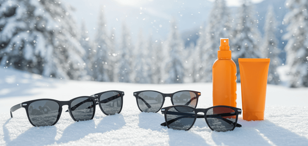 a bottle of sunblocker and sunglasses on a snowy day