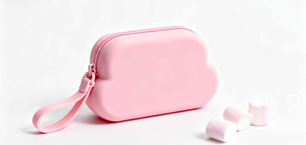 A pink, cloud-shaped silicone cosmetic pouch on a white background next to marshmallows.