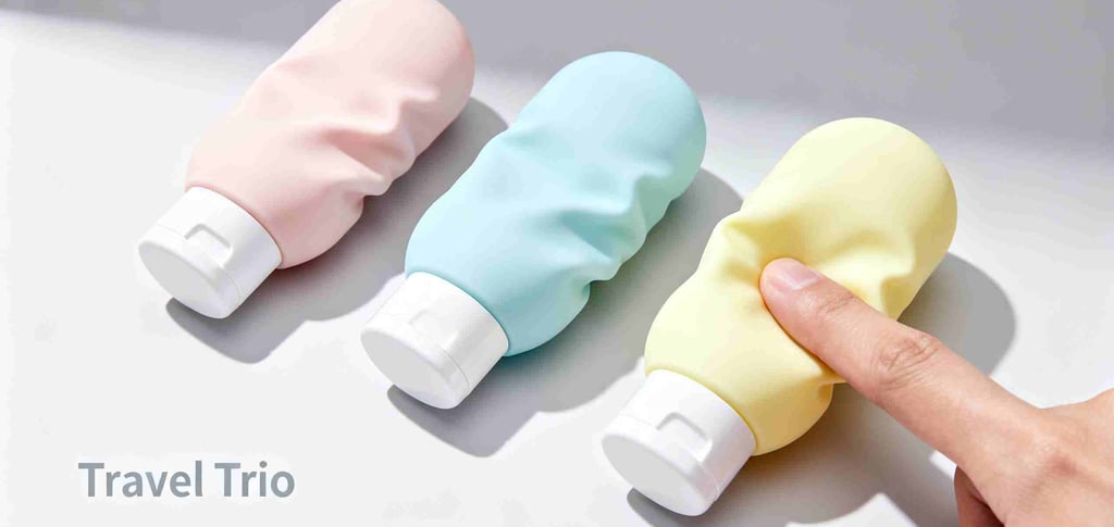Three pastel-colored silicone travel bottles, with one being squeezed by a finger.
