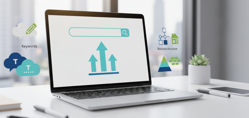 Modern digital workspace showing a laptop with a search bar and magnifying glass, upward arrows, and