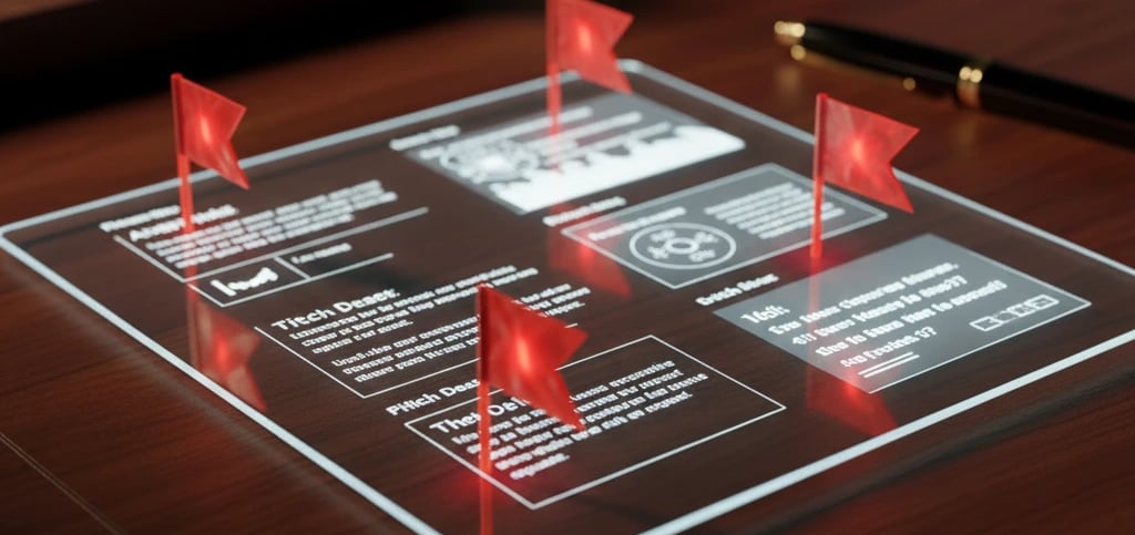 Holographic glass tablet on a wooden desk displaying data charts and four glowing red flags.
