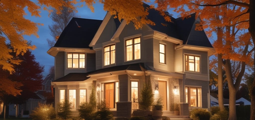 modern suburban home in an autumn night