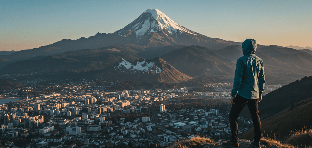 Traveler wearing stylish adaptable apparel stands at a viewpoint where a modern city