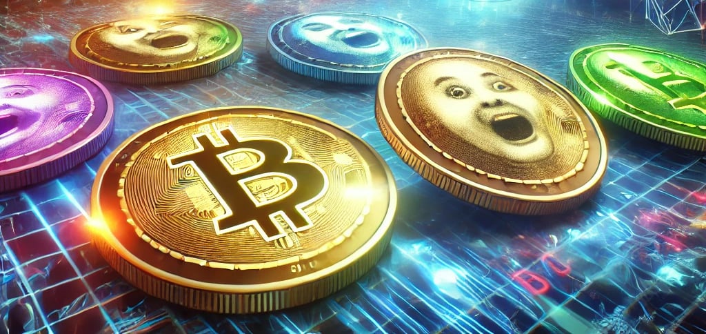 Futuristic artwork of colorful memecoins amid glowing blockchain patterns