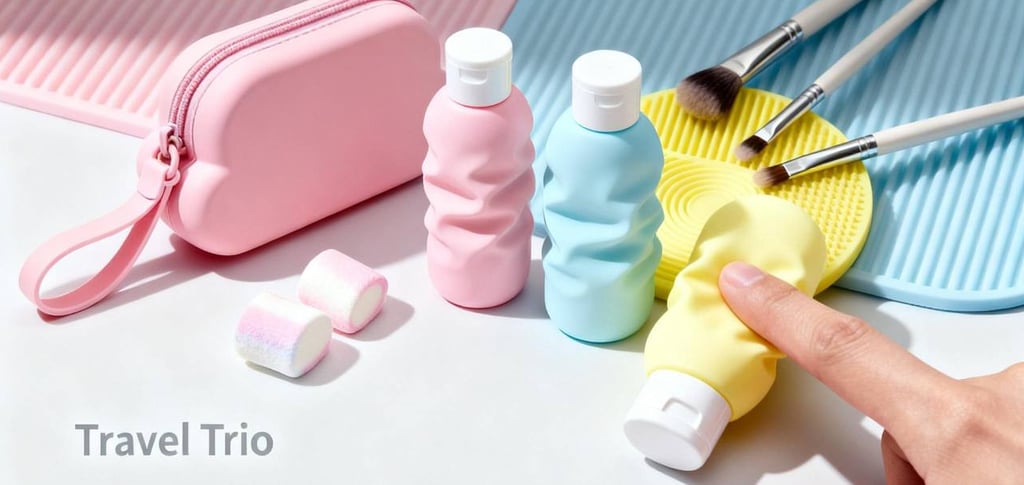  The "Pillow Soft" GWP series, featuring a pink silicone pouch, travel bottles, and a yellow mat.