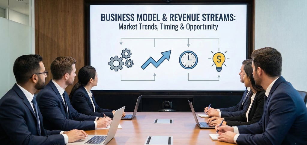 A group of businesspeople in a boardroom meeting are looking at a large screen presentation titled "