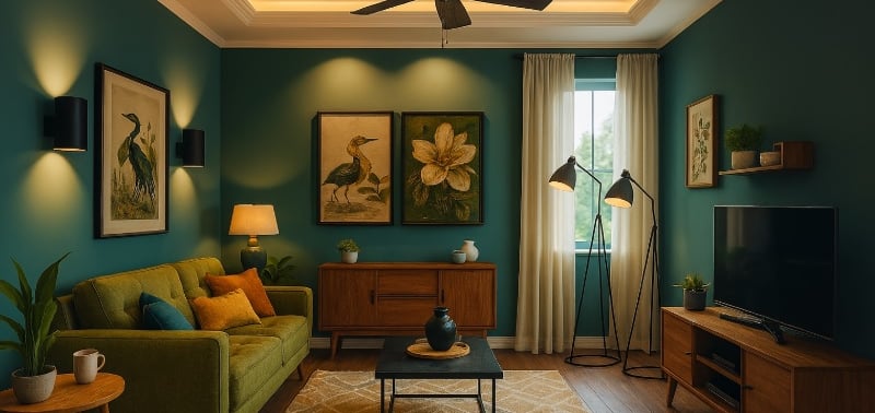 Sala decorada com sofá verde e luz indireta