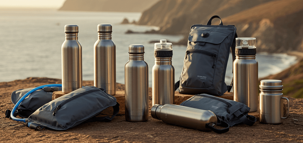 a variety of stainless steel water bottles and a backpack