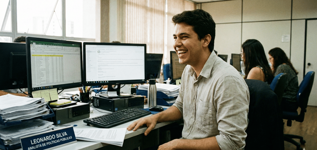 Imagem de um servidor público jovem sentado em sua estação de trabalho.