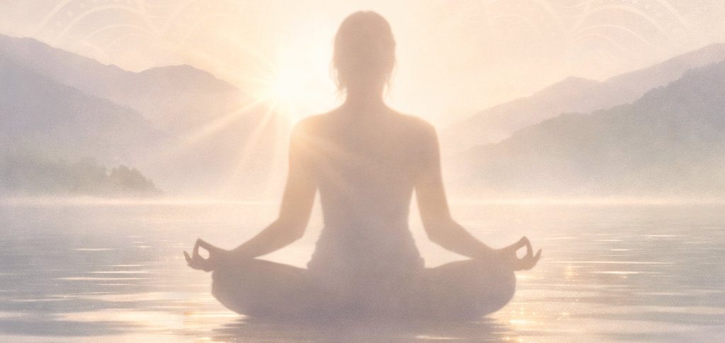 Spiritual Awakening Guide cover featuring a woman meditating on water with a lotus flower for mindfulness.