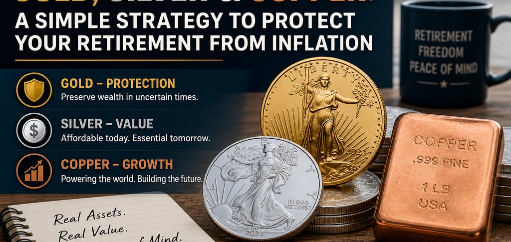 “Gold, silver, and copper coins and bars representing a simple retirement strategy for inflation pro