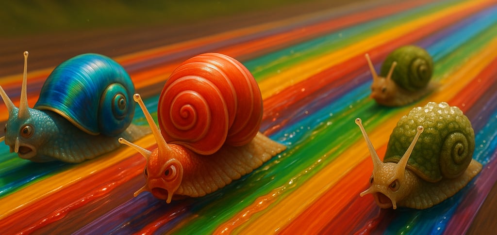A colorful scene featuring four snails on a vibrant, striped surface. The snails are depicted in var