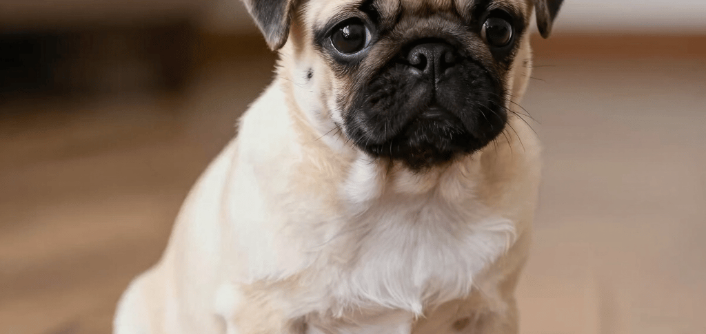 black pug wearing striped apparel