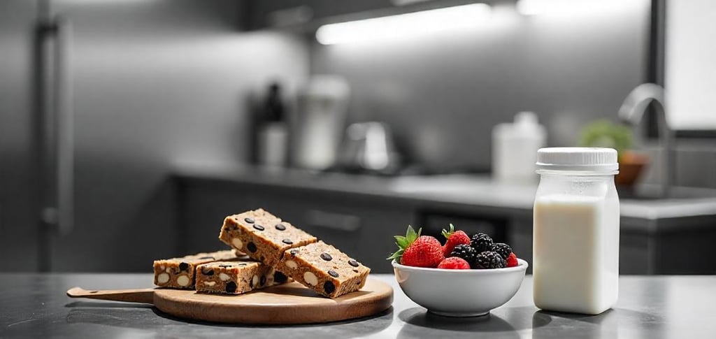 energy bar, berries and milk on a table