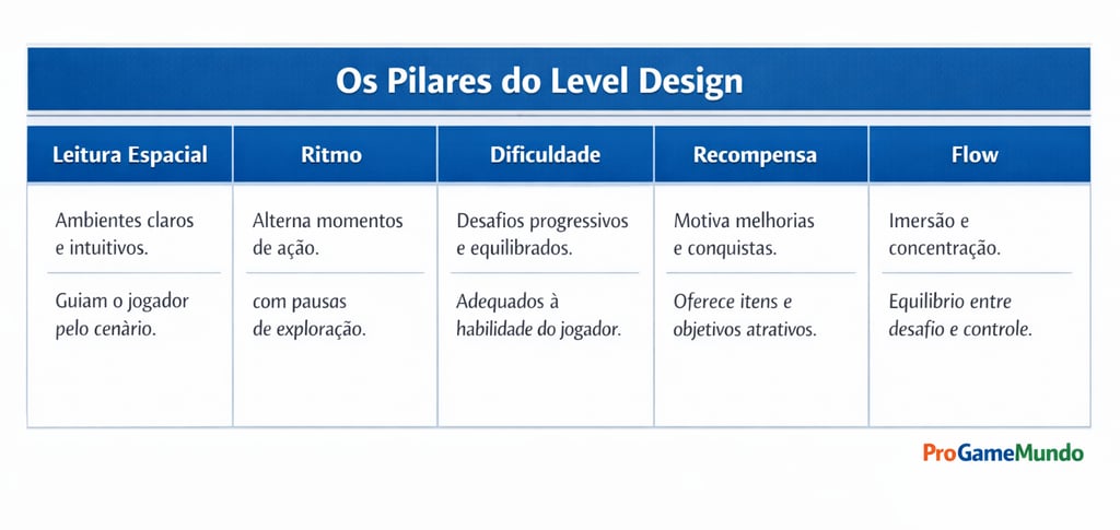 Quadro com os pilares do level design: leitura, ritmo, dificuldade, recompensa e flow.