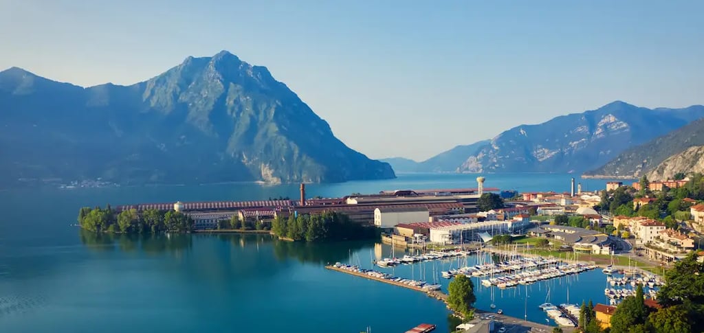 View of Lovere, the charming lakeside town on Lake Iseo in Lombardy, Italy, with colorful houses ref