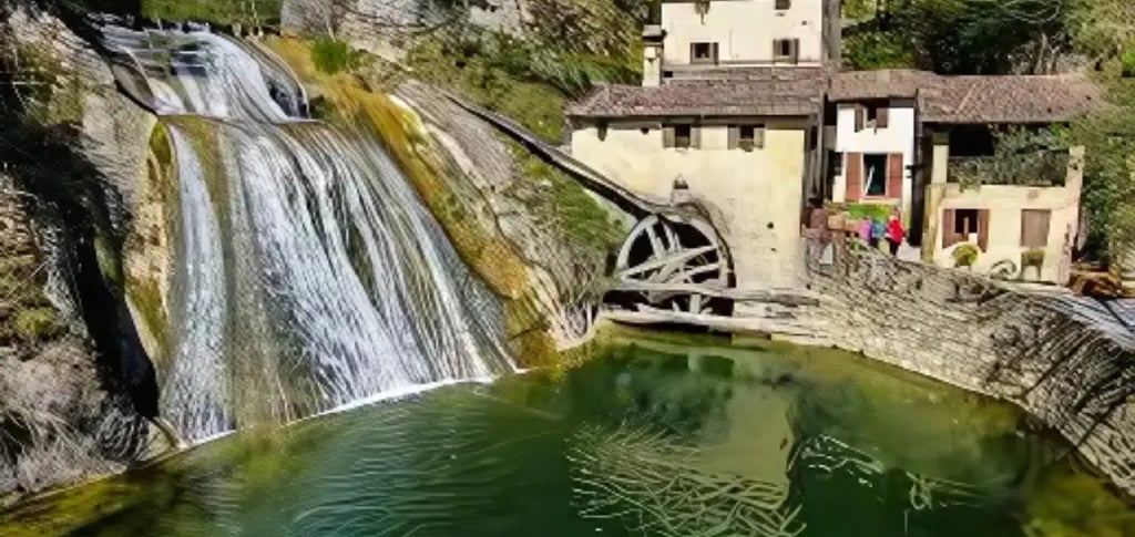 Molinetto della Croda watermill with waterfall in Refrontolo, Prosecco Hills Veneto Italy