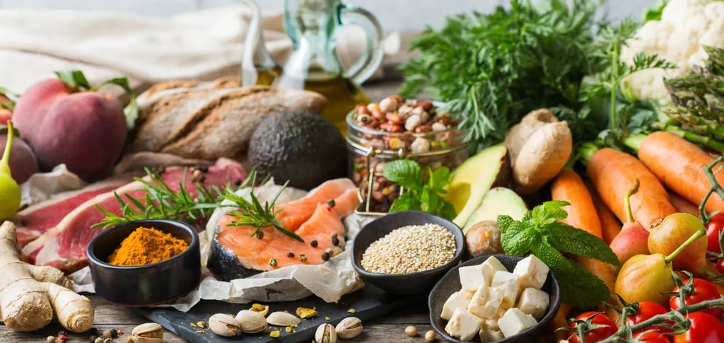 a variety of food items including vegetables and fruits, mediterranean diet
