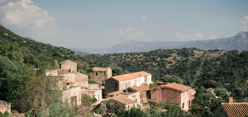 a mountaintop with a view of a village's Lollove in Sardinia