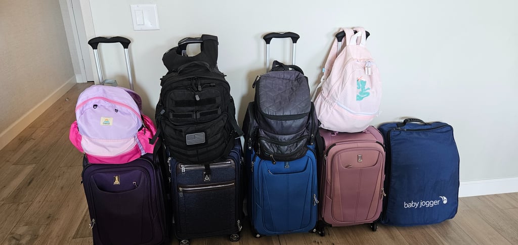 Carry-on bags packed for 3 weeks in Europe with kids.