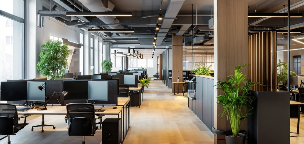 An office environment featuring multiple computers on desks, with a modern interior design that incl