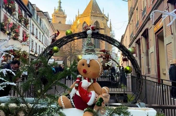 a teddy bear sitting on a bench in a city