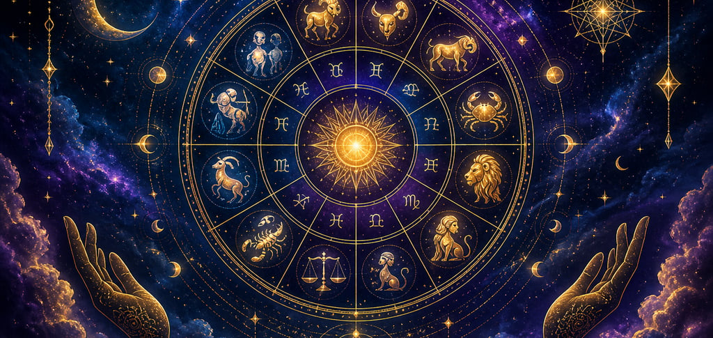 AAIS astrology zodiac chart with golden cosmic symbols