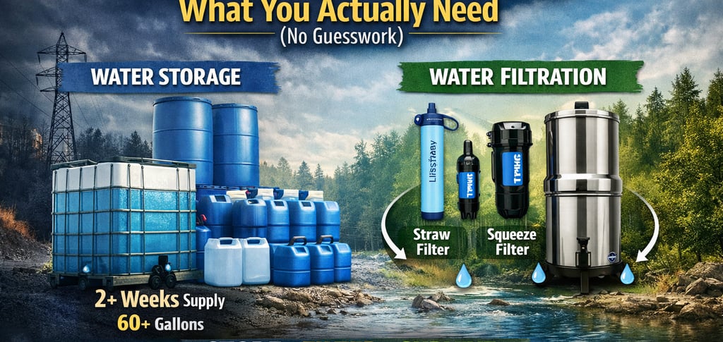 Water storage and filtration infographic showing barrels, containers, and filters with survival wate
