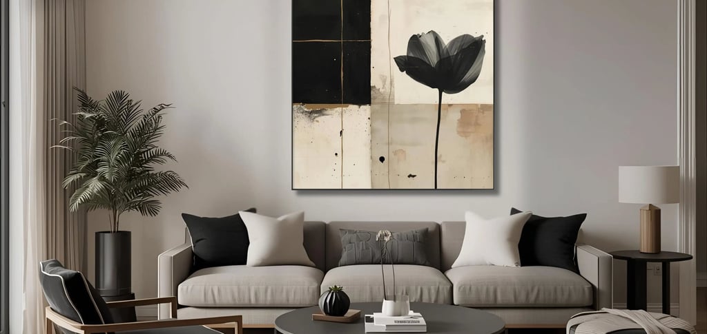 stylish living room with a couch and a table and minimalist abstract art