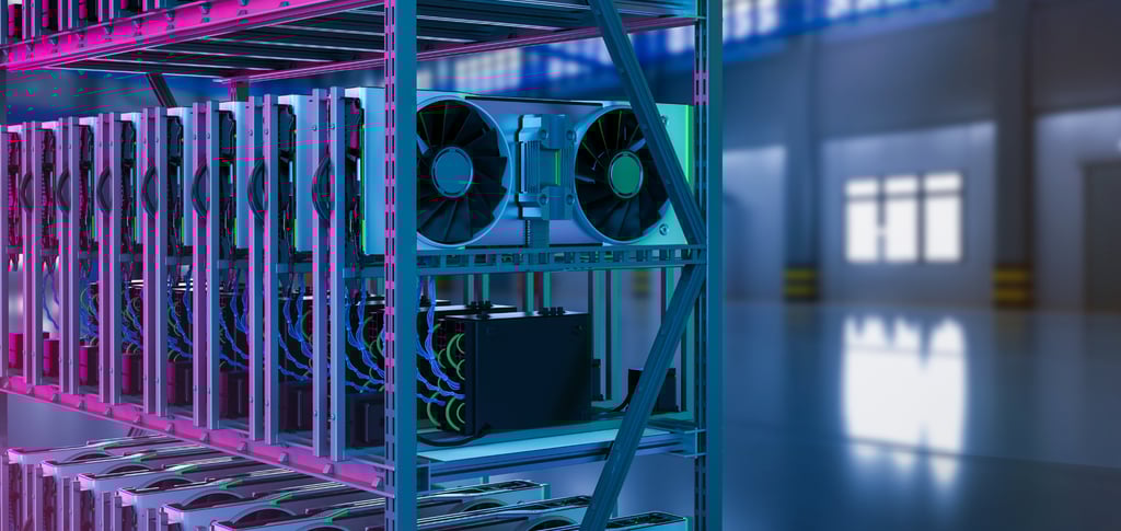 Minage de cryptomonnaie avec ordinateurs générant du Bitcoin et sécurisant la blockchain