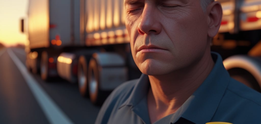 Caminhão ao fundo e o motorista colhendo urina para o exame