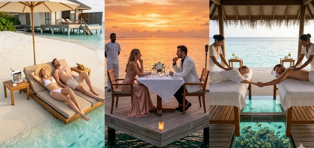 Couple enjoying a luxury Maldives vacation with beach lounging, sunset dining, and an overwater spa.