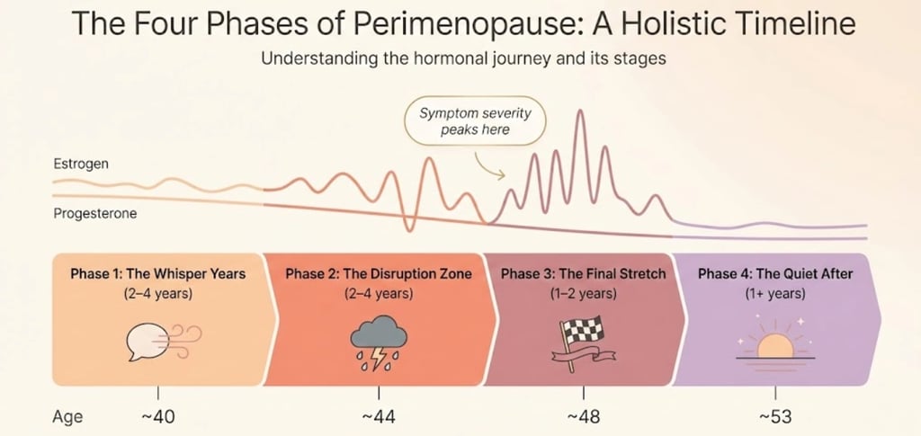 Perimenopause timeline infographic showing four phases from the Whisper Years to postmenopause