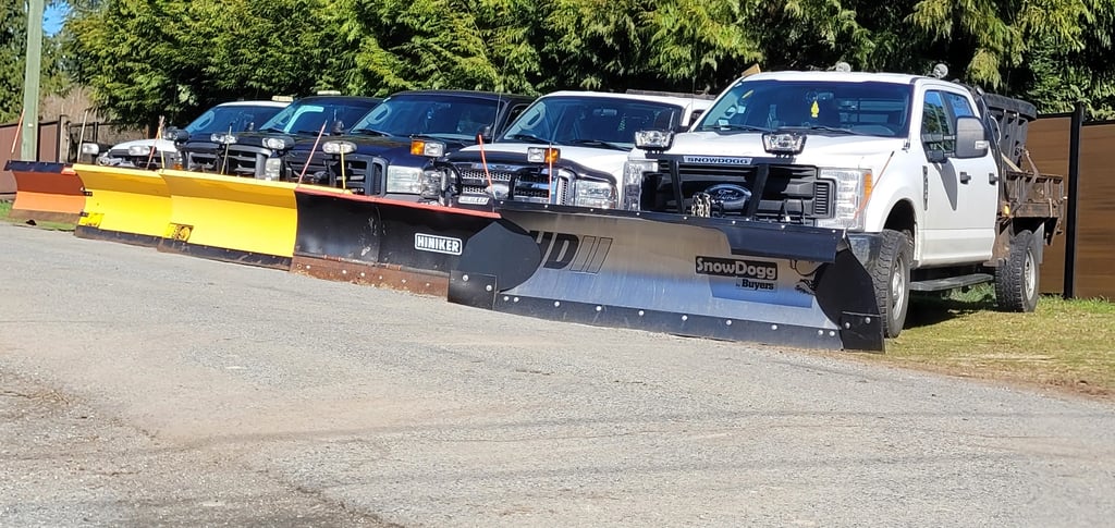 a picture of a street with 5 tucks with plows parked on angles facing the street