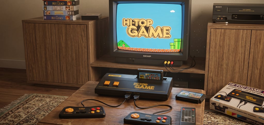 Vintage Hi-Top Game console connected to a retro CRT TV with VHS tapes in a nostalgic living room.
