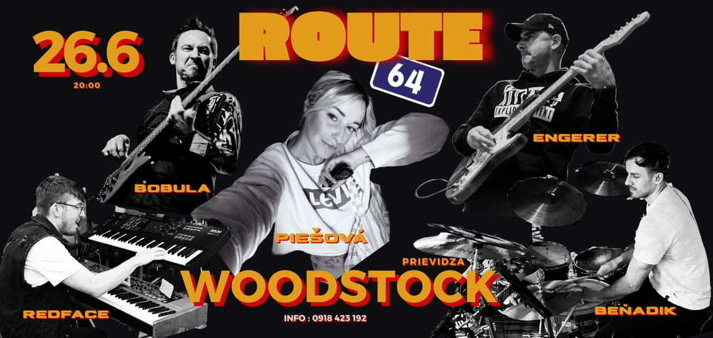 A concert poster in black and white with yellow-gold lettering and red drop shadow effects