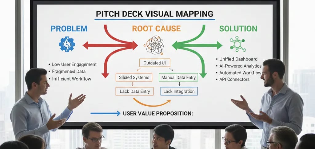 Pitch Deck Visual Mapping: Linking Problem, Root Cause, and Solution