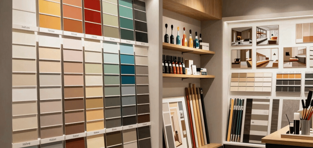 magasin peinture moderne, choix couleurs peinture, matériel peinture professionnel, rouleaux pinceau