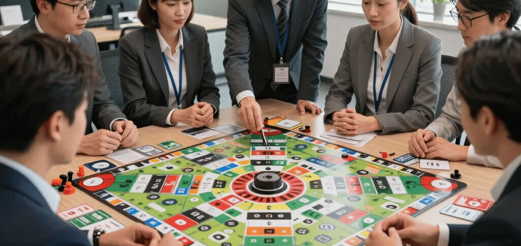 jeu entreprise personnalisé, collaborateurs jouant réunion, serious game professionnel, animation
