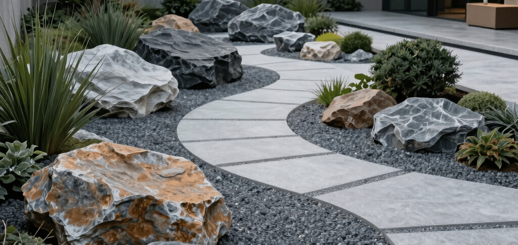 paysagiste minéral, jardin minéral moderne, aménagement extérieur contemporain, paysagisme minéral