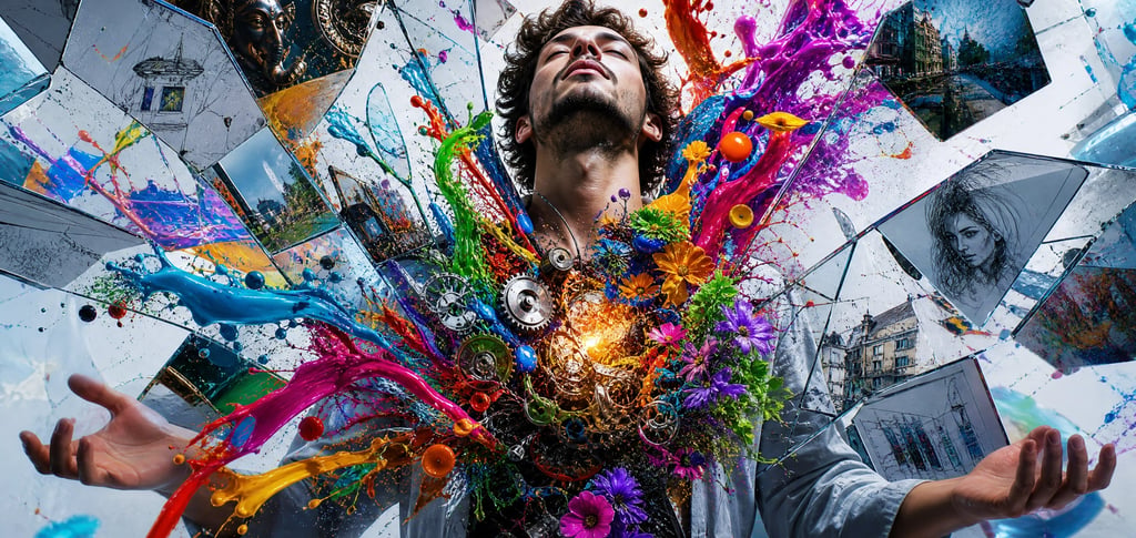 Surreal digital art of a man with colorful paint splashes, gears, and flowers bursting from his chest.