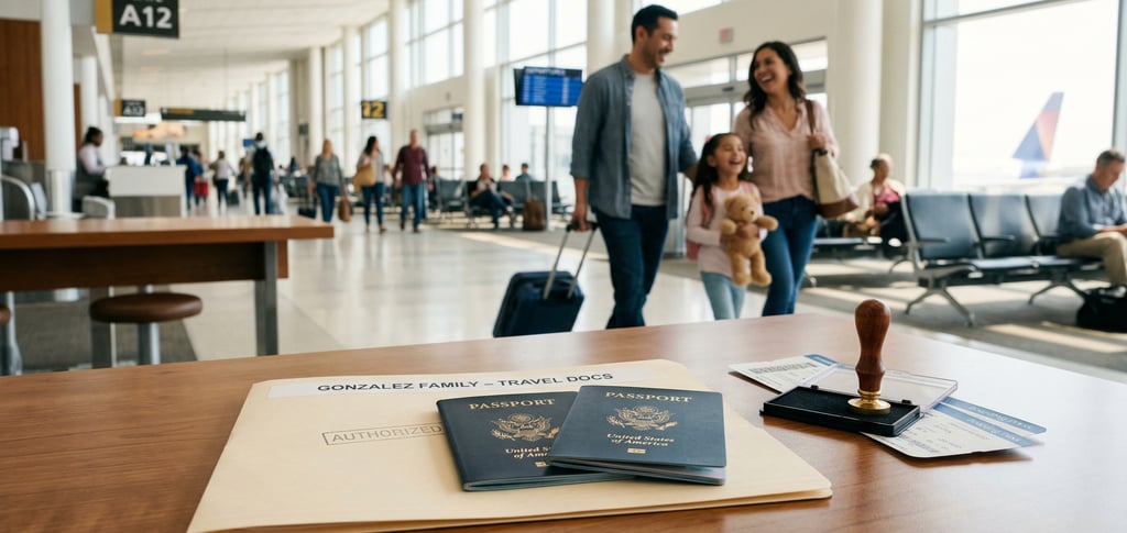 Documentos de viaje y pasaportes para menores en aeropuerto