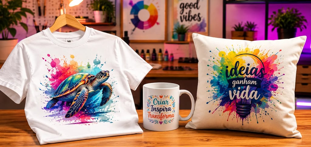 Produtos de Print on Demand — camiseta, caneca e almofada com designs de nicho